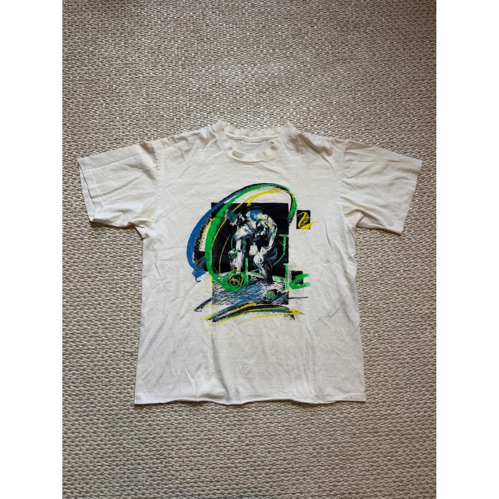Vintage 1989 Girardin Bodybuilding Graphic T-Shirt Single Stitch Cream Mens L
